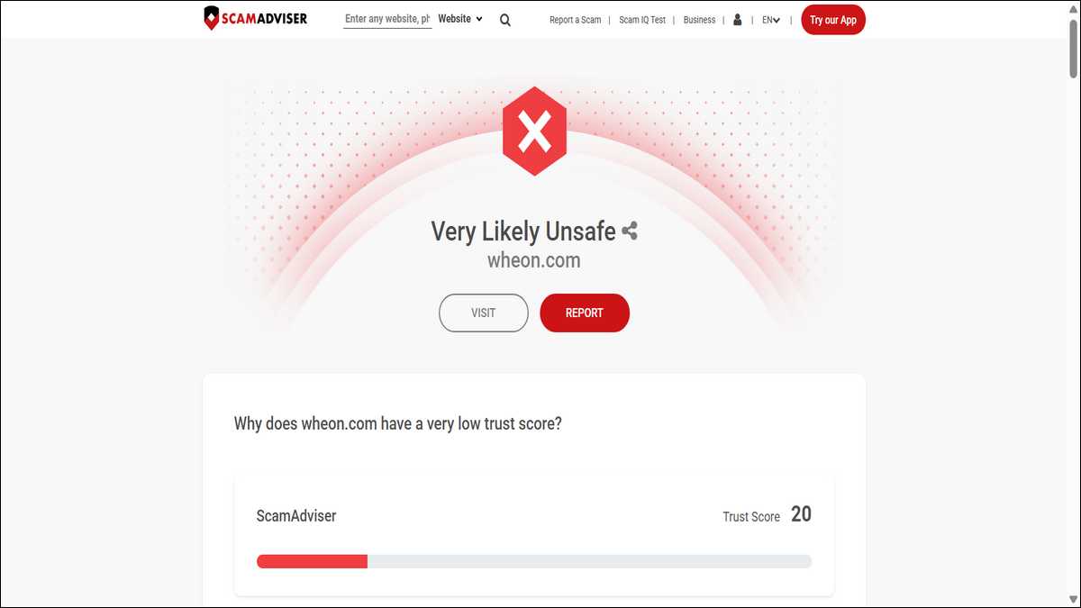 ScamAdviser's report on wheon.com states that wheon.com has a very low trust score