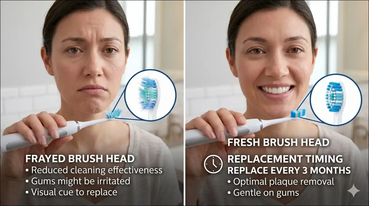 Frayed electric toothbrush head versus a fresh head showing replacement timing.