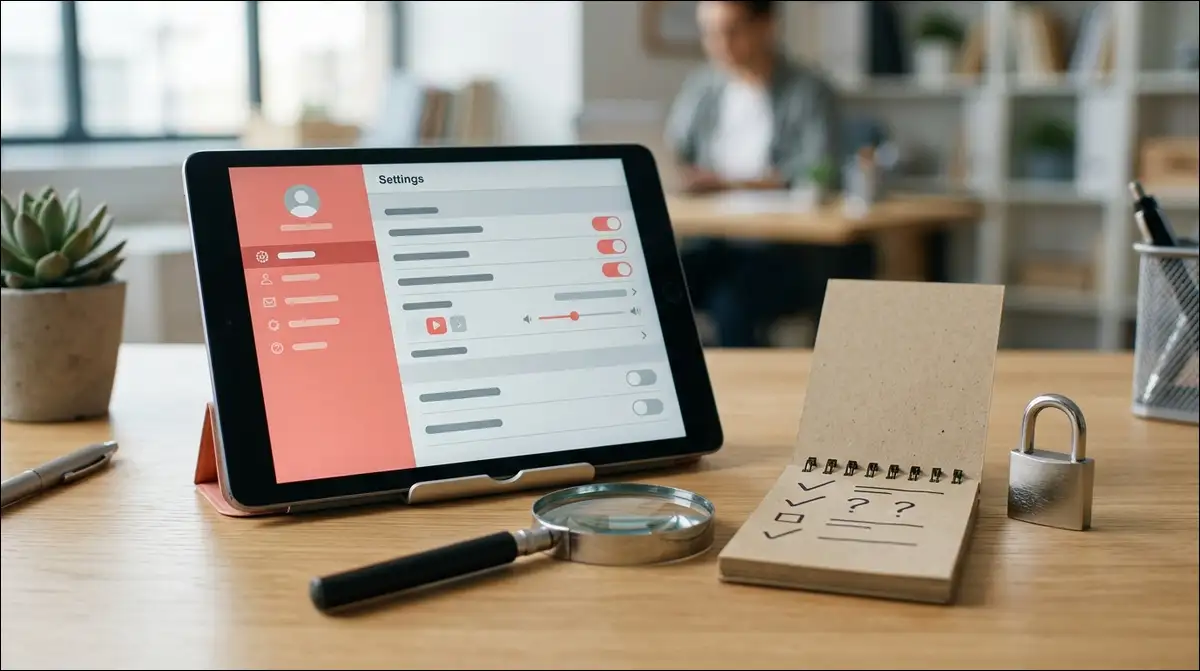 Pink Video Chat claims review with a generic settings screen, magnifying glass, and evidence checklist.
